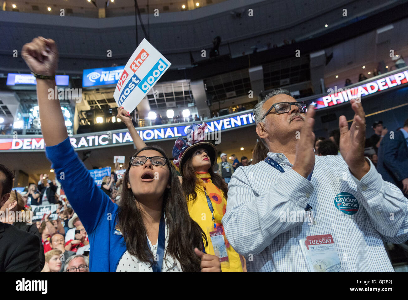 Delegates cheers for Bernie Sanders during the roll call vote during the 2nd day of the Democratic National Convention at the Wells Fargo Center July 26, 2016 in Philadelphia, Pennsylvania. Stock Photo