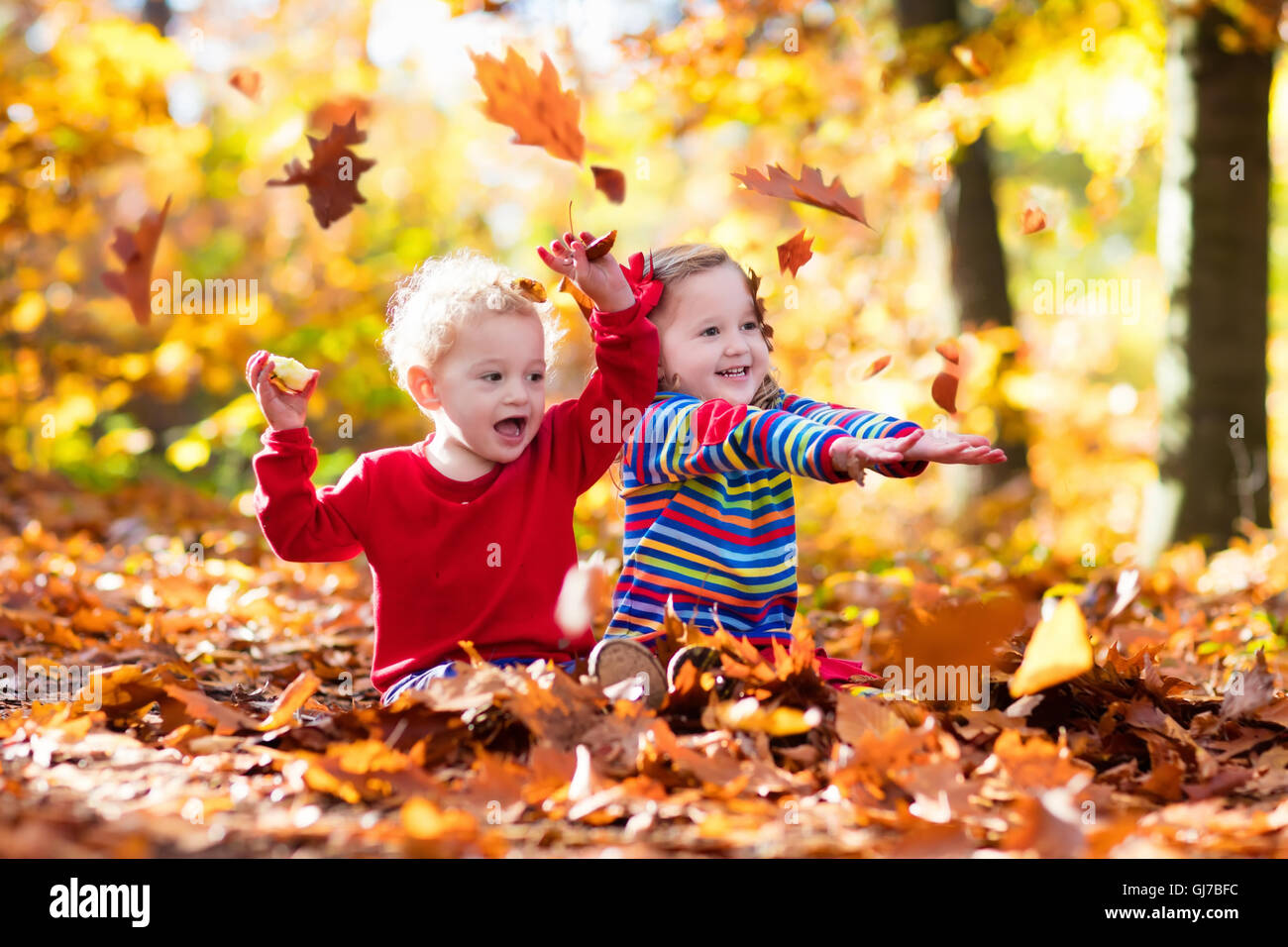 Happy children playing in beautiful autumn park on warm sunny fall day ...