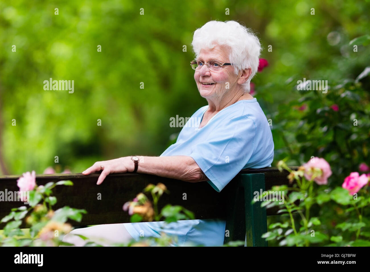 Happy senior handicapped lady with a walking disability enjoying a walk in a sunny park pushing her walker or wheel chair, Stock Photo