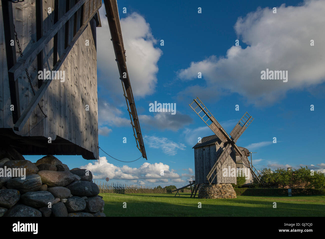 Collection of windmills in Angla on the island Saaremmaa Estland Stock Photo