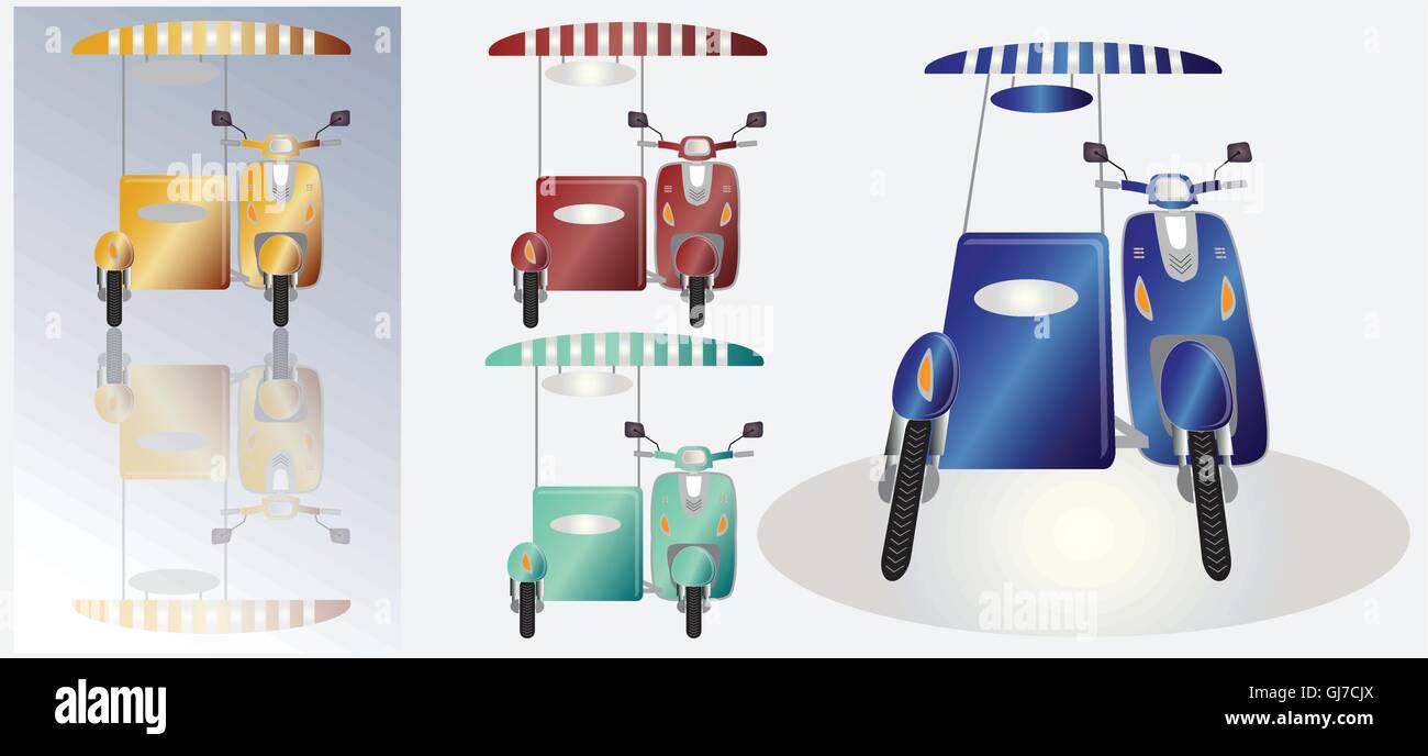 Set of retro scooter motorbike and sidecar cold container Stock Vector
