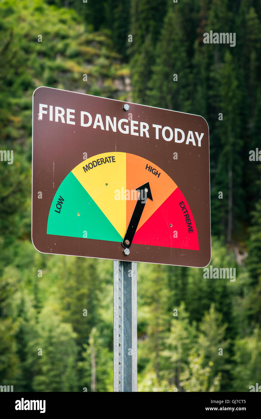 Fire danger sign, Banff National Park, Alberta, Canada Stock Photo