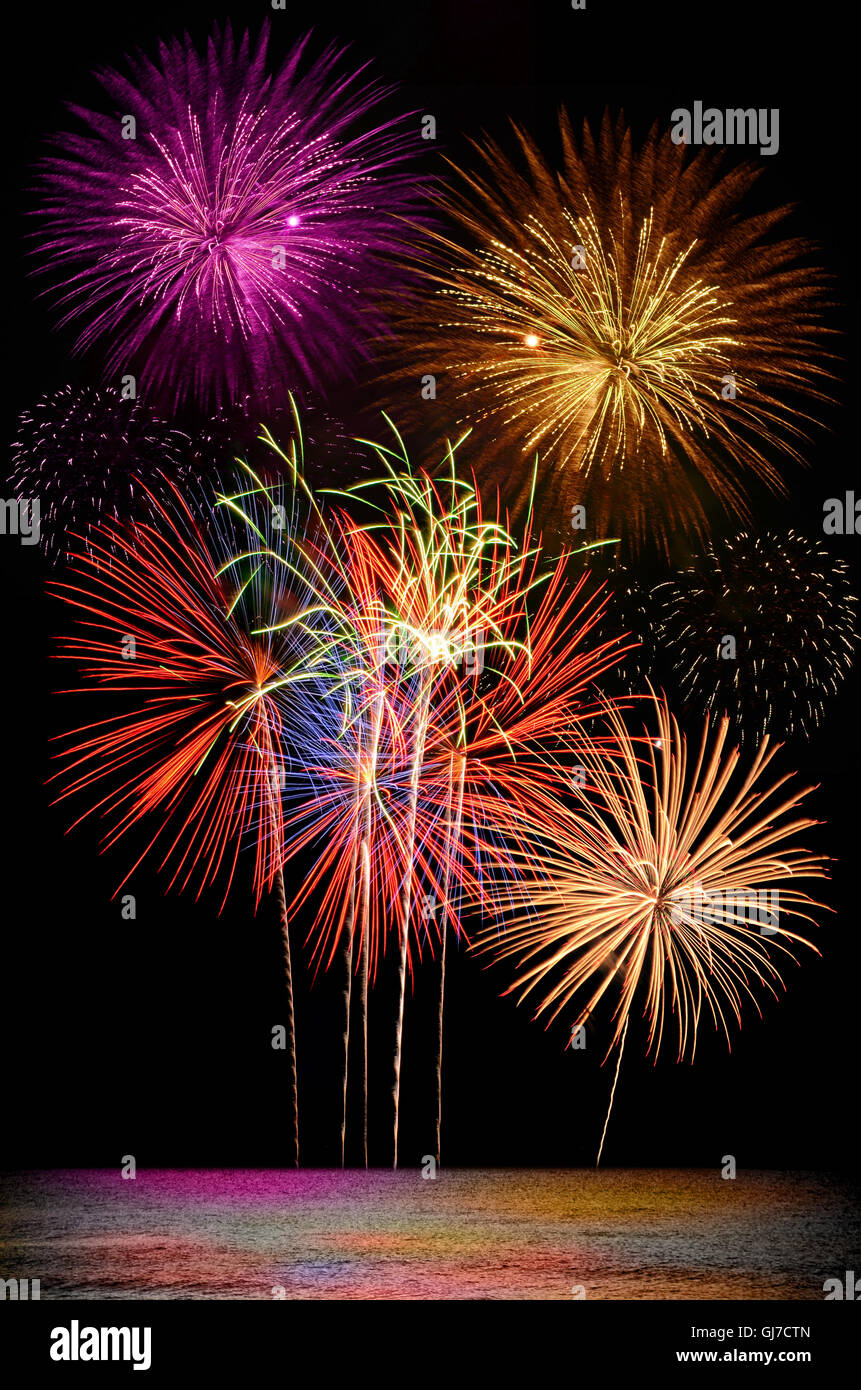 Colorful firework celebration on dark night sky background. Beautiful