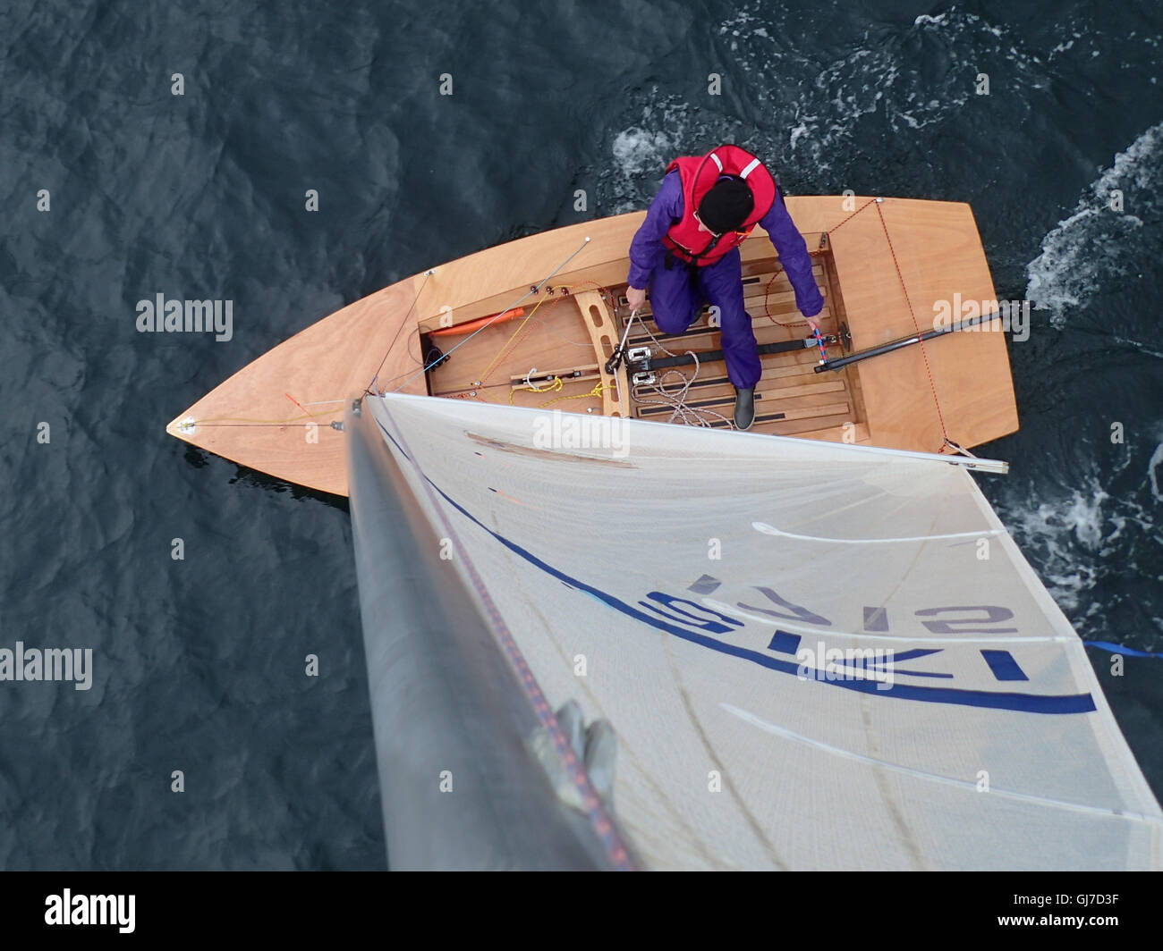 View downwards from top of mast of Streaker Class Sailing Dinghy, with