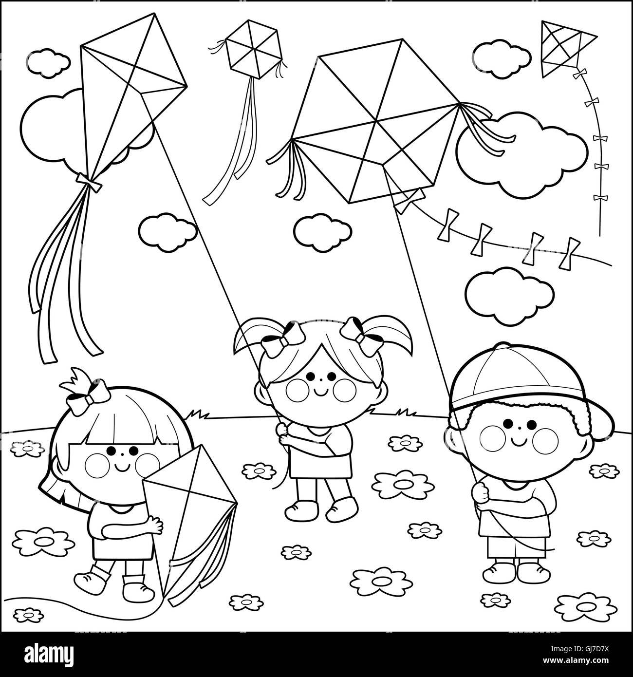 Children flying kites coloring book page. Stock Vector