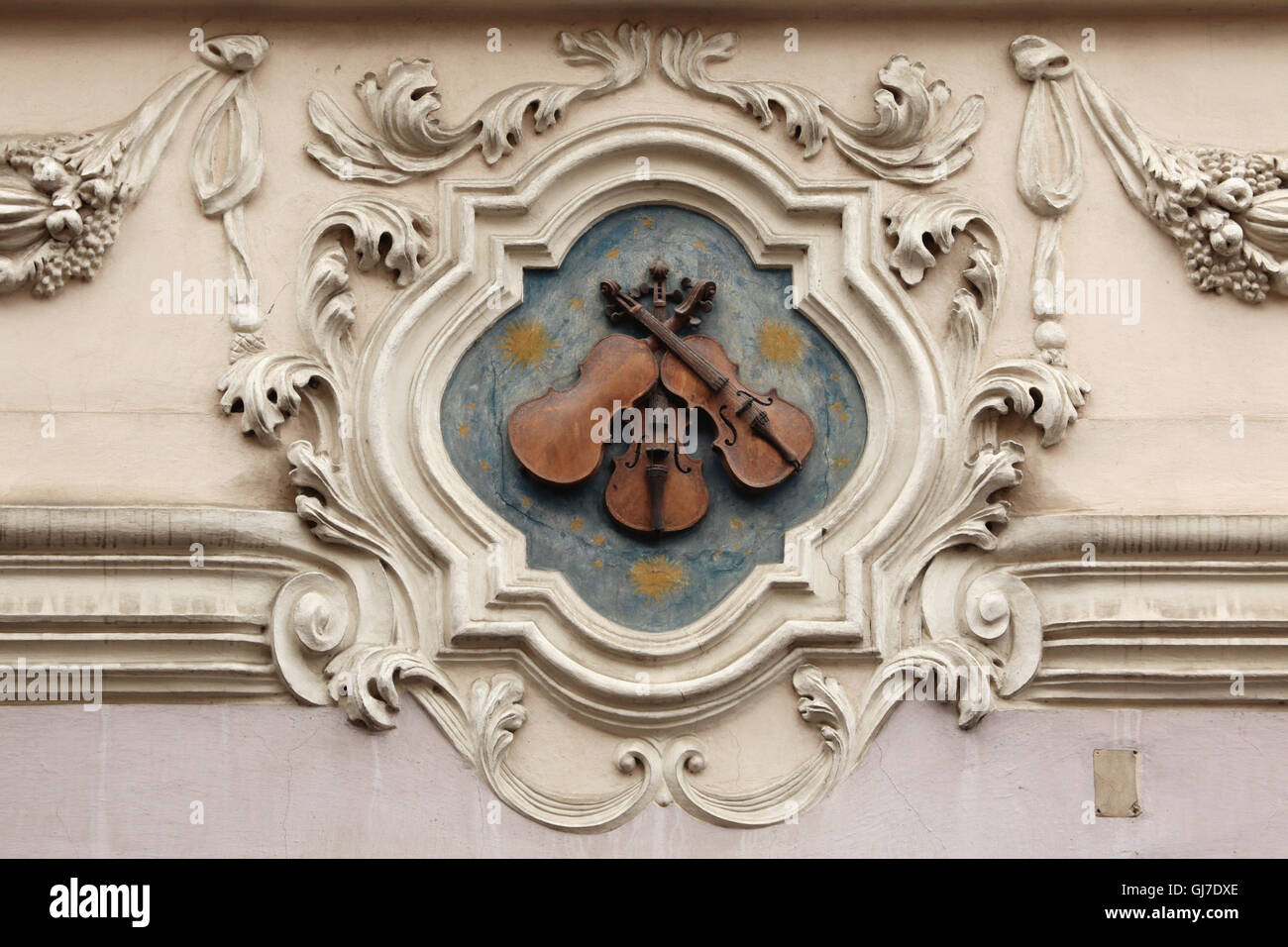 House sign on the House at the Three Little Fiddles in Nerudova Street in the Lesser Town in Prague, Czech Republic. Stock Photo