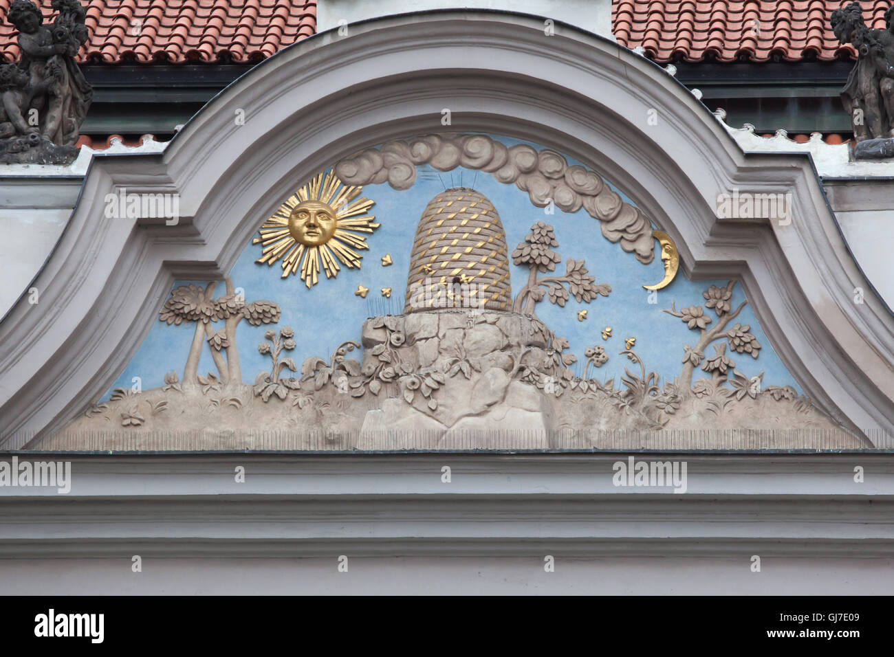 House sign on the House at the Golden Beehive in Wenceslas Square in Prague, Czech Republic. Stock Photo