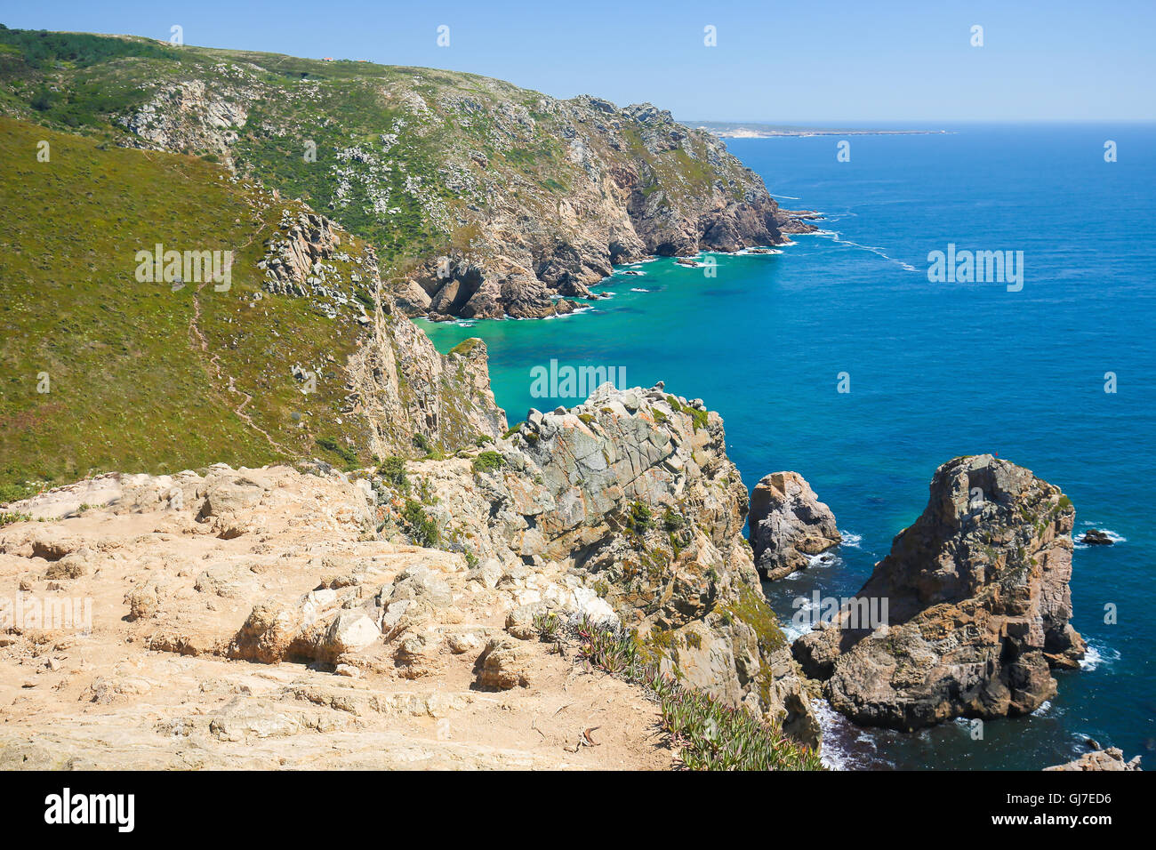 Cabo da Roca is a cape located close to Lisbon which forms the westernmost extent of mainland Portugal and continental Europe. Stock Photo
