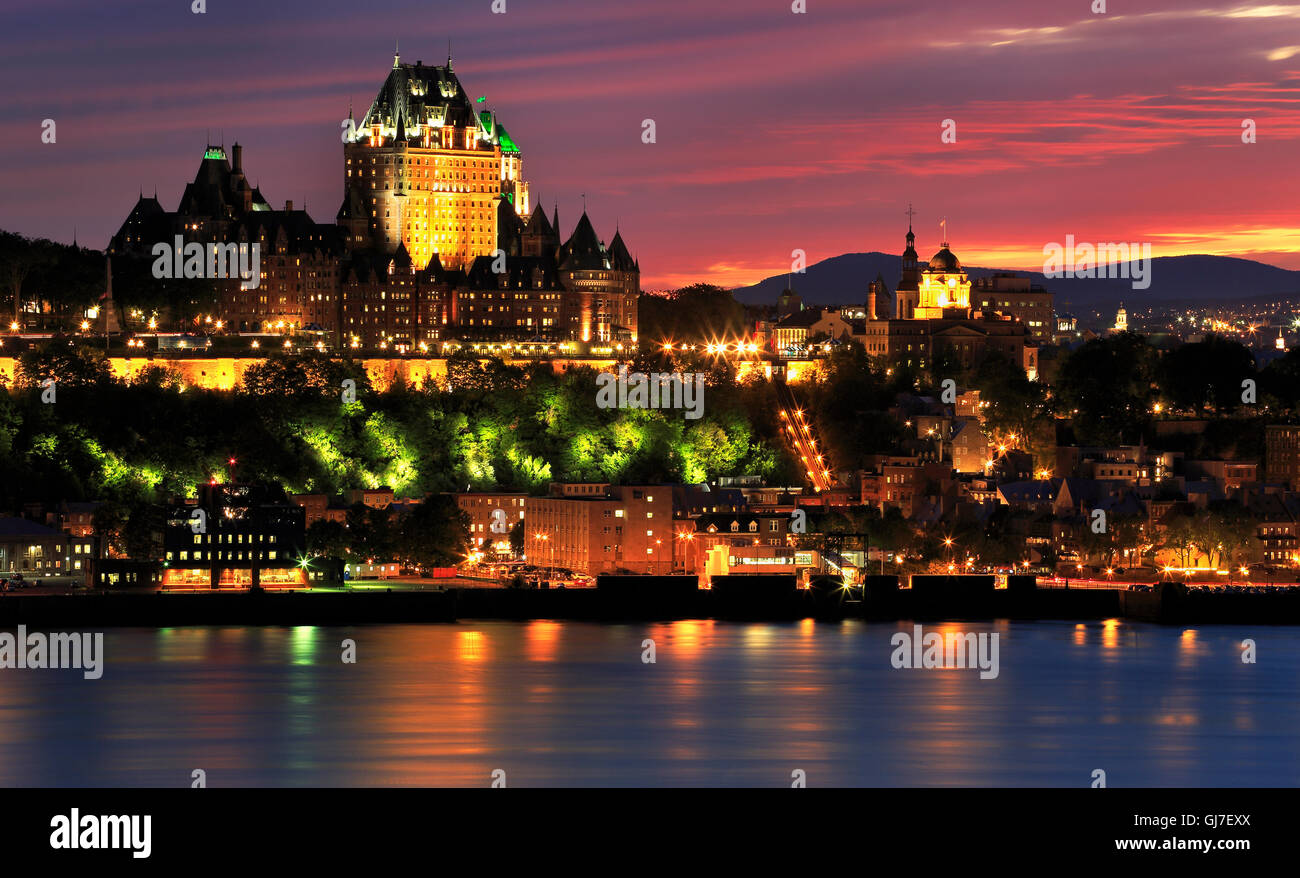 Quebec City skyline at dusk and Saint Lawrence River, Canada Stock Photo