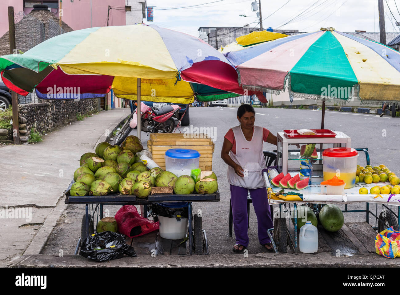 A fresh fruit and juice stand on the street of Coca, the gateway city to the Amazons, Ecuador, South America. Stock Photo