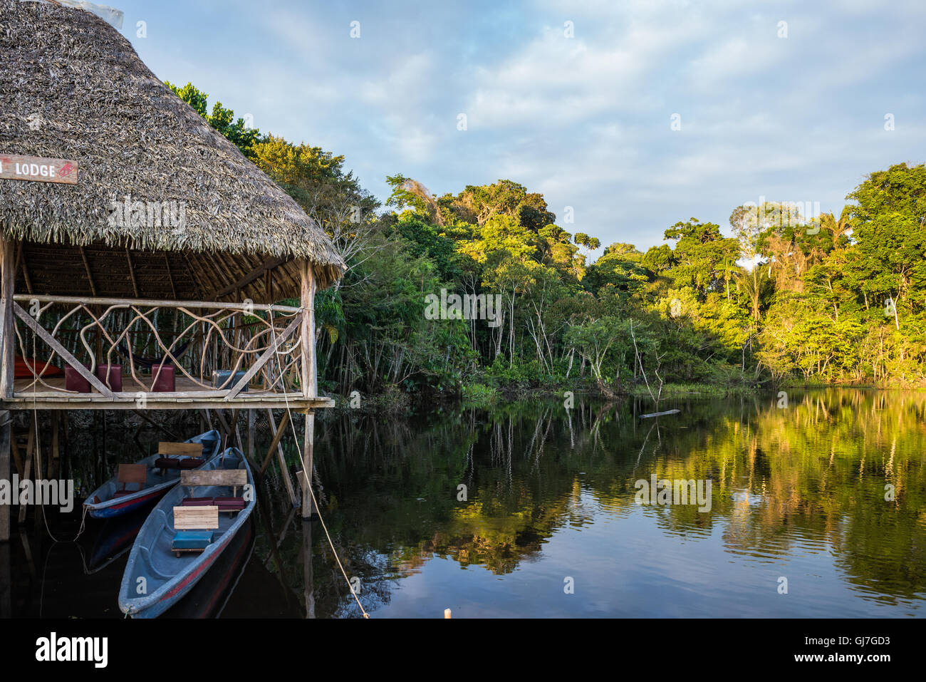 Canoe is the main transportation over the waterways at Sani Lodge in the Amazon. Yasuni National Park, Ecuador, South America. Stock Photo