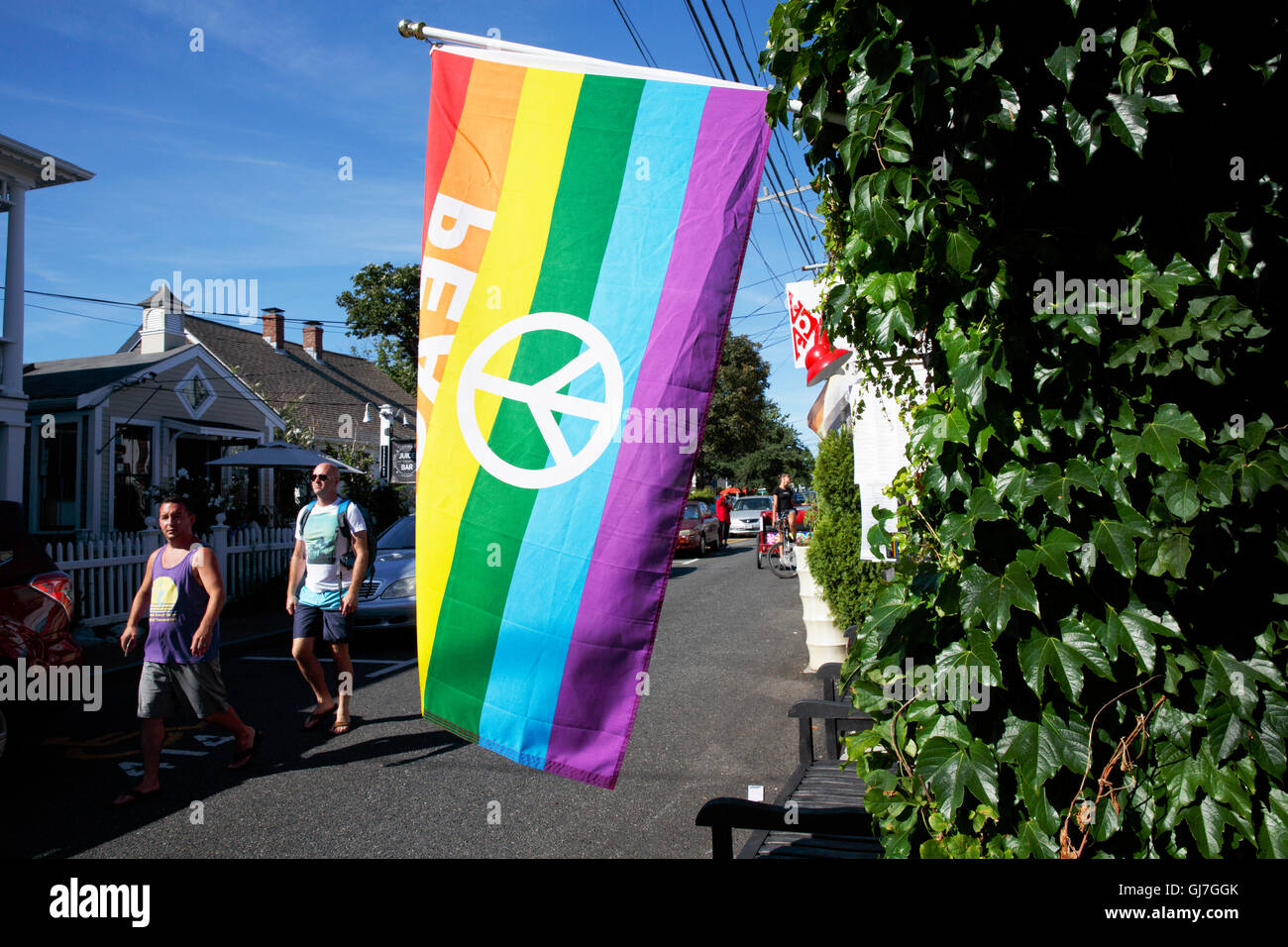 Rainbow flag, Commercial Street, Provincetown, Cape Cod, Massachusetts Stock Photo