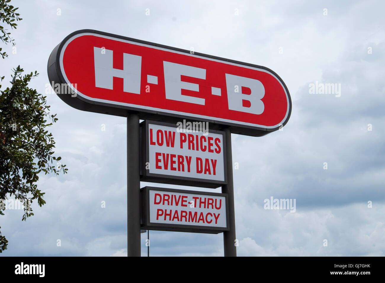Sign for H-E-B grocery supermarket - a large iconic Texas grocery store chain with 350+ stores across Texas Stock Photo