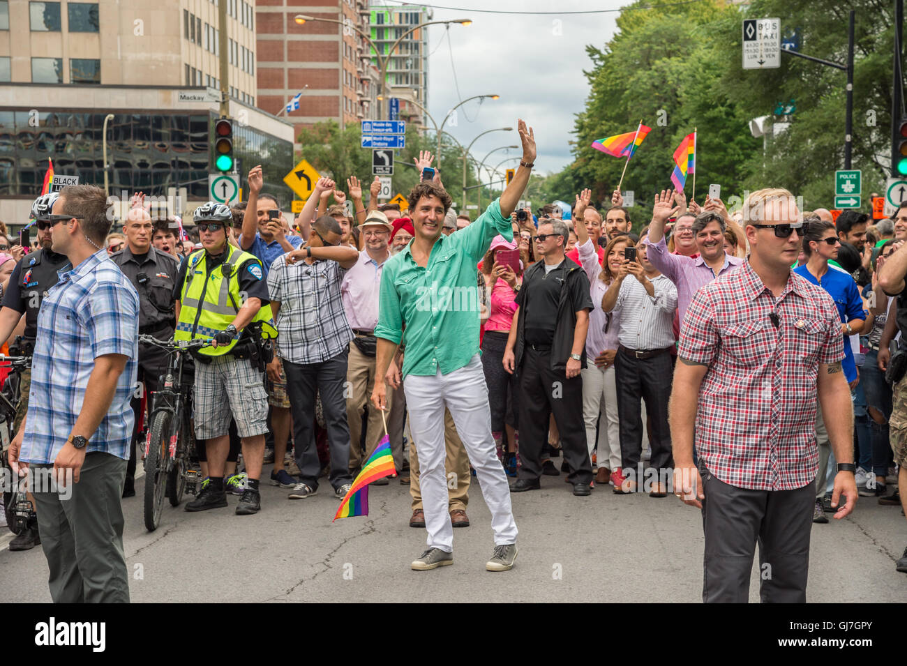 Montreal, CANADA. 14th August, 2016. Canadian Prime Minister Justin Trudeau takes part in Montreal Pride Parade. Stock Photo