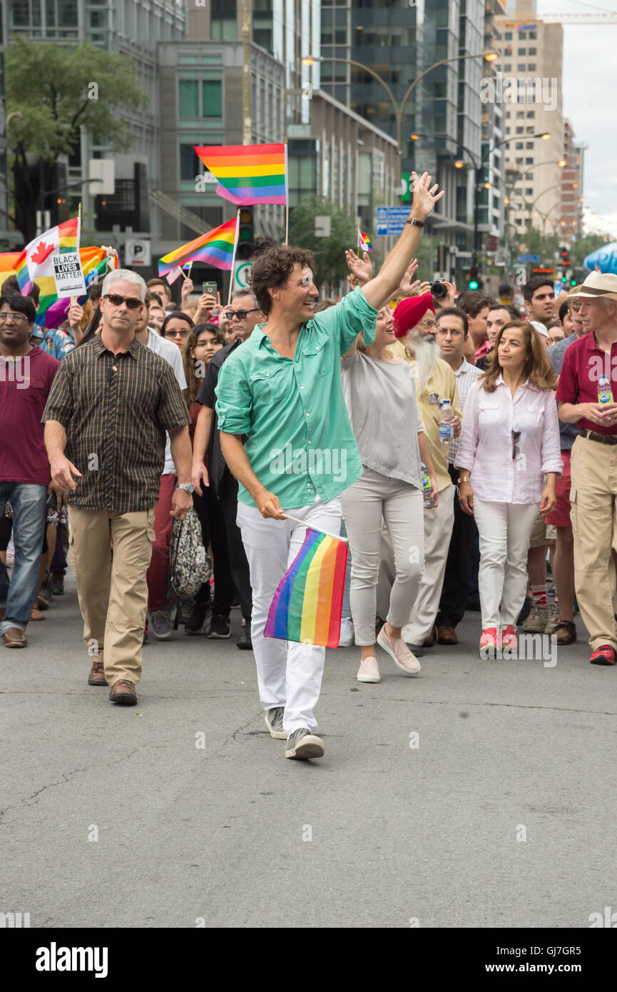 Montreal, CANADA. 14th August, 2016. Canadian Prime Minister Justin Trudeau takes part in Montreal Pride Parade. Stock Photo