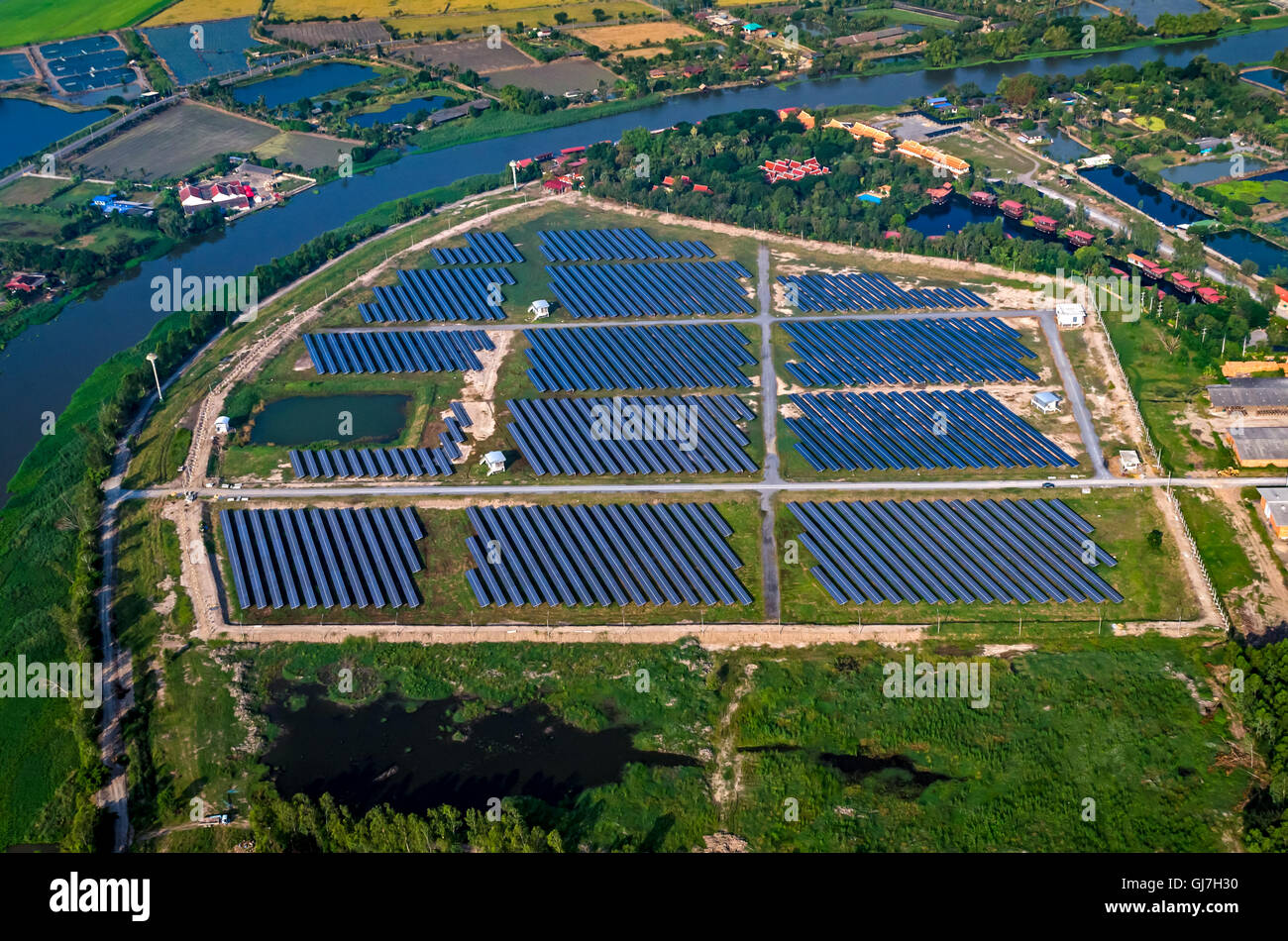 Solar farm solar panels aerial photo from the air outside the Bangkok