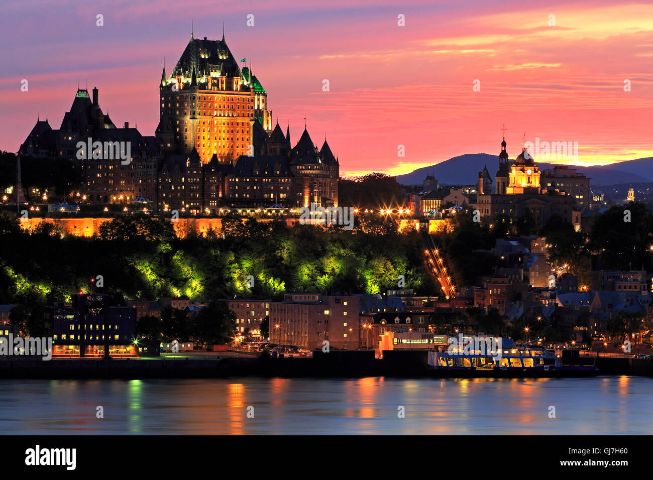 Quebec City skyline at dusk and Saint Lawrence River, Canada Stock Photo