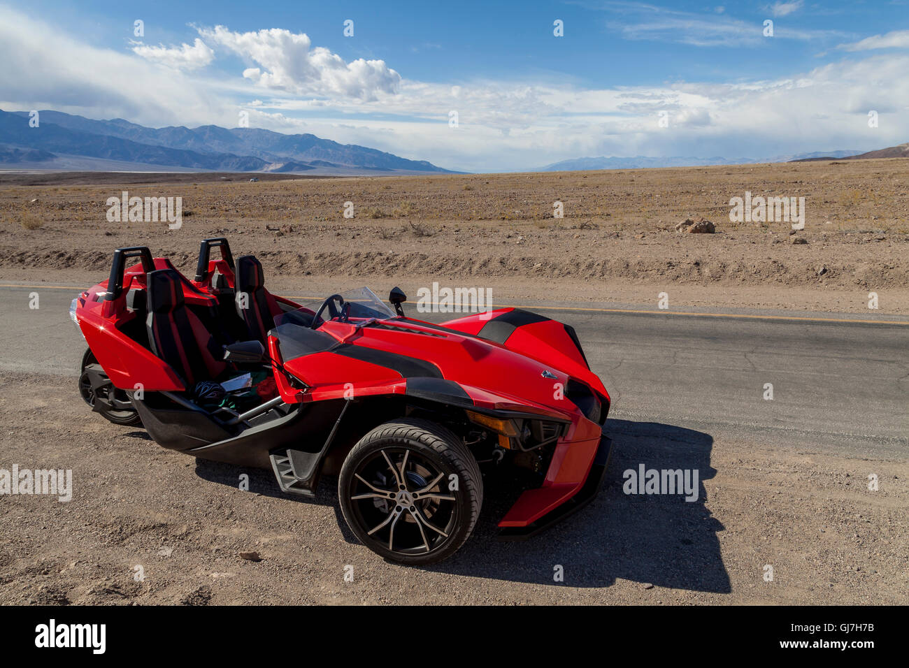 Slingshot Spyder three-wheeler motorcycle on Artist Drive, Death Valley National Park, California, USA Stock Photo