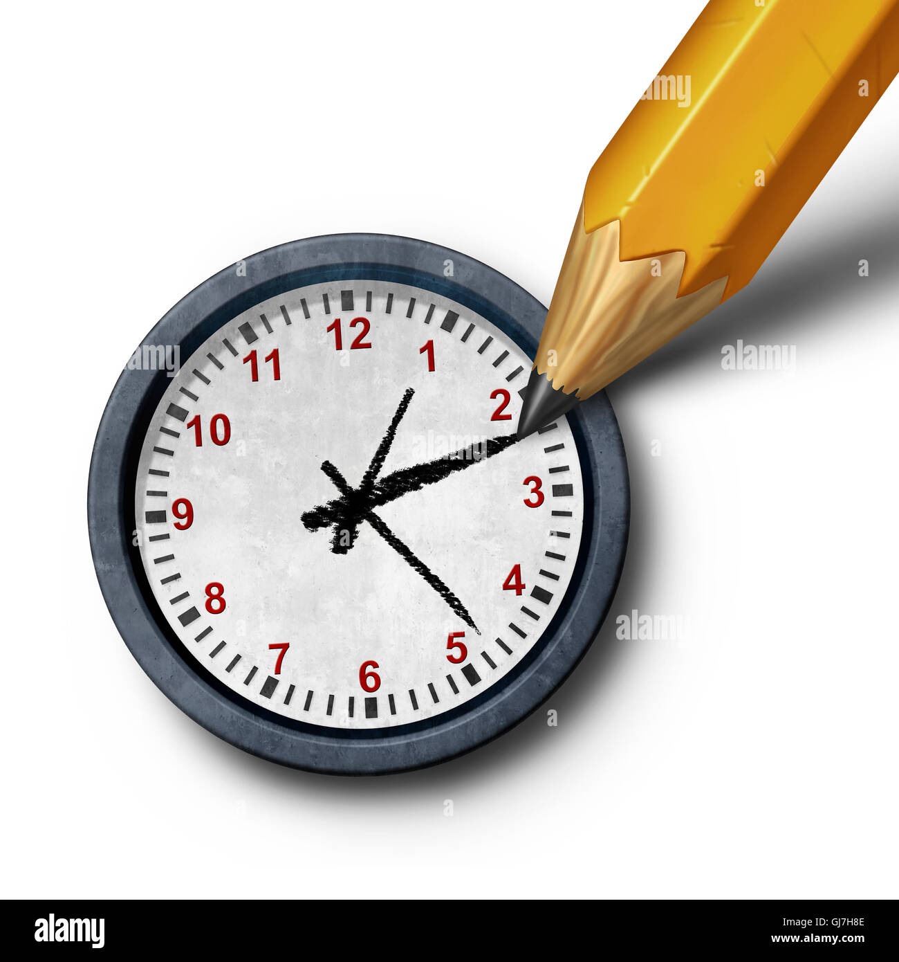 Planning time business management schedule concept as a pencil drawing the hour and minute hands on a clock as a control metaphor as a 3D illustration. Stock Photo
