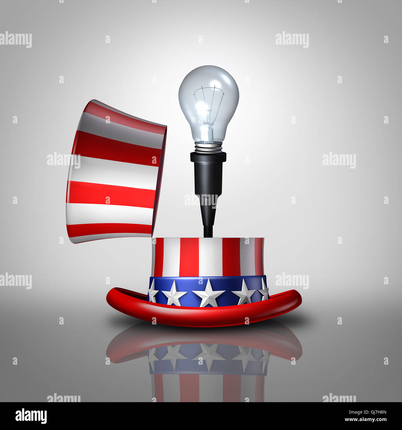 American idea concept as an open United States flag hat with a lightbulb emerging out as a national symbol for invention and creative ideas or election campaign policy strategy as a 3D illustration. Stock Photo