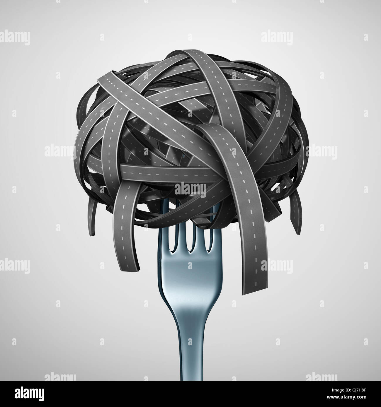 Food Transport or eating on the road concept as a fork inside a pile of twisted streets and highways shaped as pasta or spaghetti as a transportation symbol for shipping or delivering a meal as a 3D illustration. Stock Photo