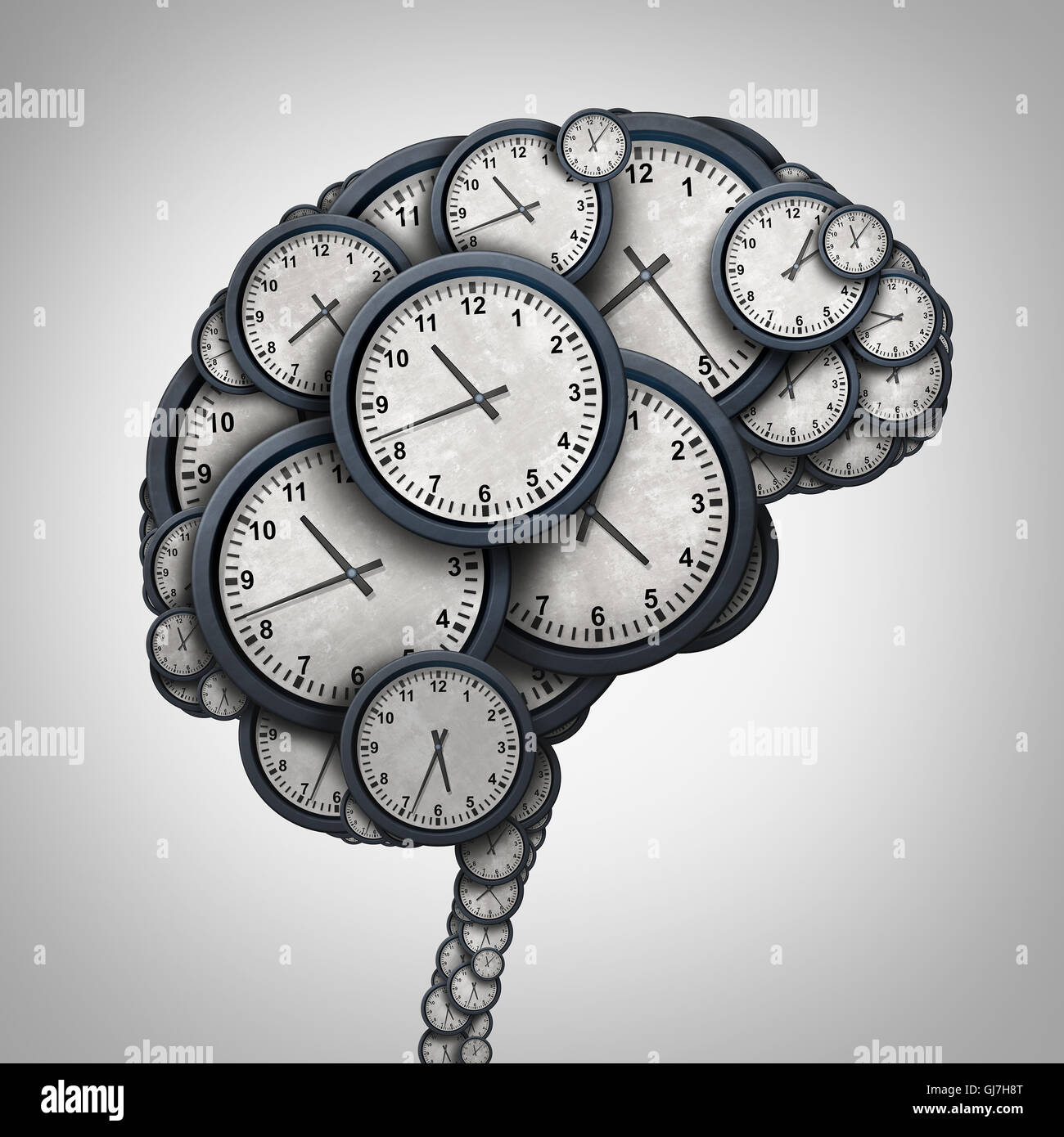 Time brain thinking concept as a group of clock objects shaped as a