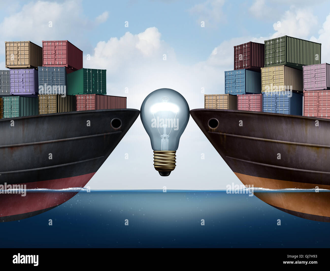 Shipping logistics or trade agreement idea with a lightbulb between two ships carrying cargo freight as a symbol for transport management solutions and export import economic strategies with 3D illustration elements. Stock Photo