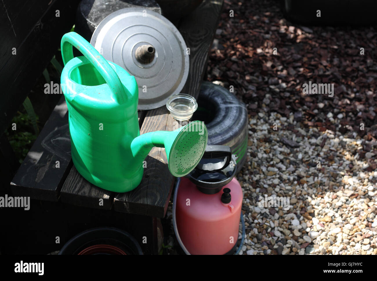 Garden Green watering can and garden tools Stock Photo Alamy