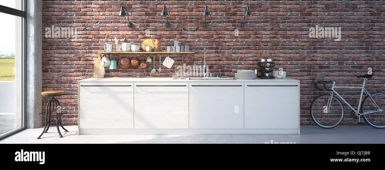 Modern Design Luxurious Kitchen Interior. 3d rendering Stock Photo