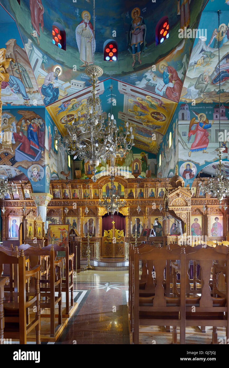Interior of Holy Church of Saints Rafil, Nikolaos and Eirini, Pachyammos, Chrysohou Bay, Cyprus Stock Photo