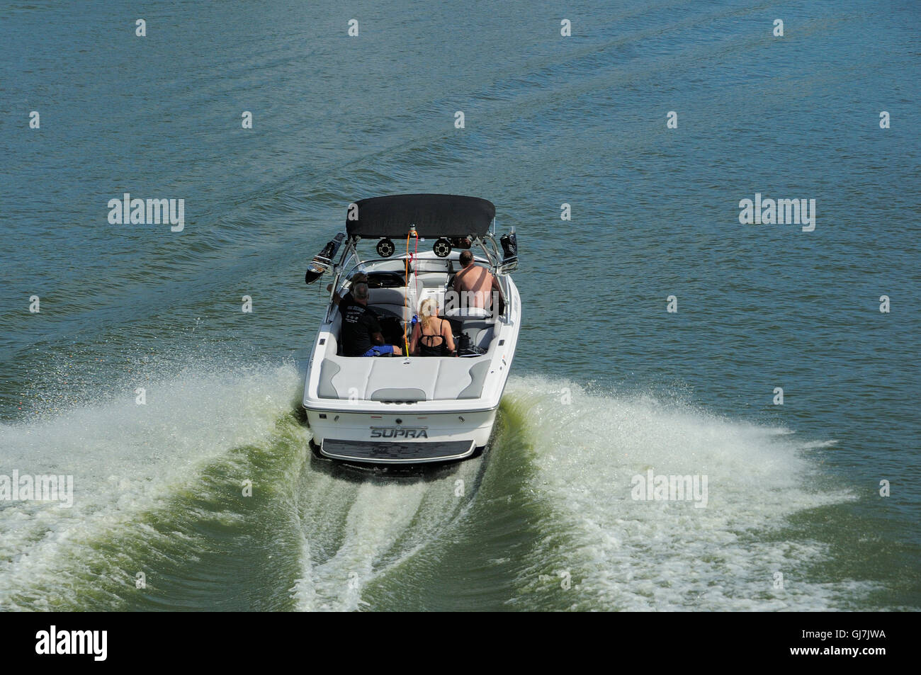 Pleasurecraft cruising the Fox River in Northern Illinois, USA. Stock Photo