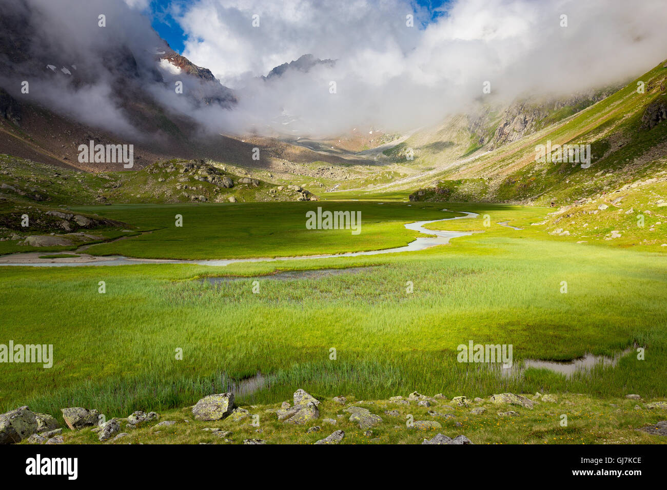 Sunlight on Falbesoner peat bog (Hohes Moos). Stubaier Alpen. Stubaital.  Austria. Europe. Stock Photo