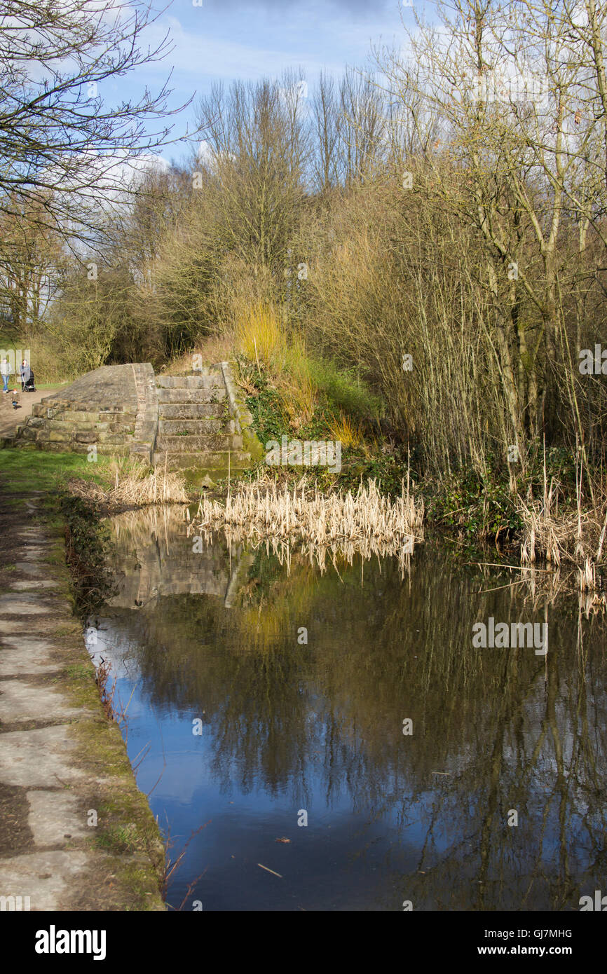 Pond and canal lock structure, an isolated section of the Hollinwood branch canal, at Daisy Nook Country park, Failsworth. Stock Photo