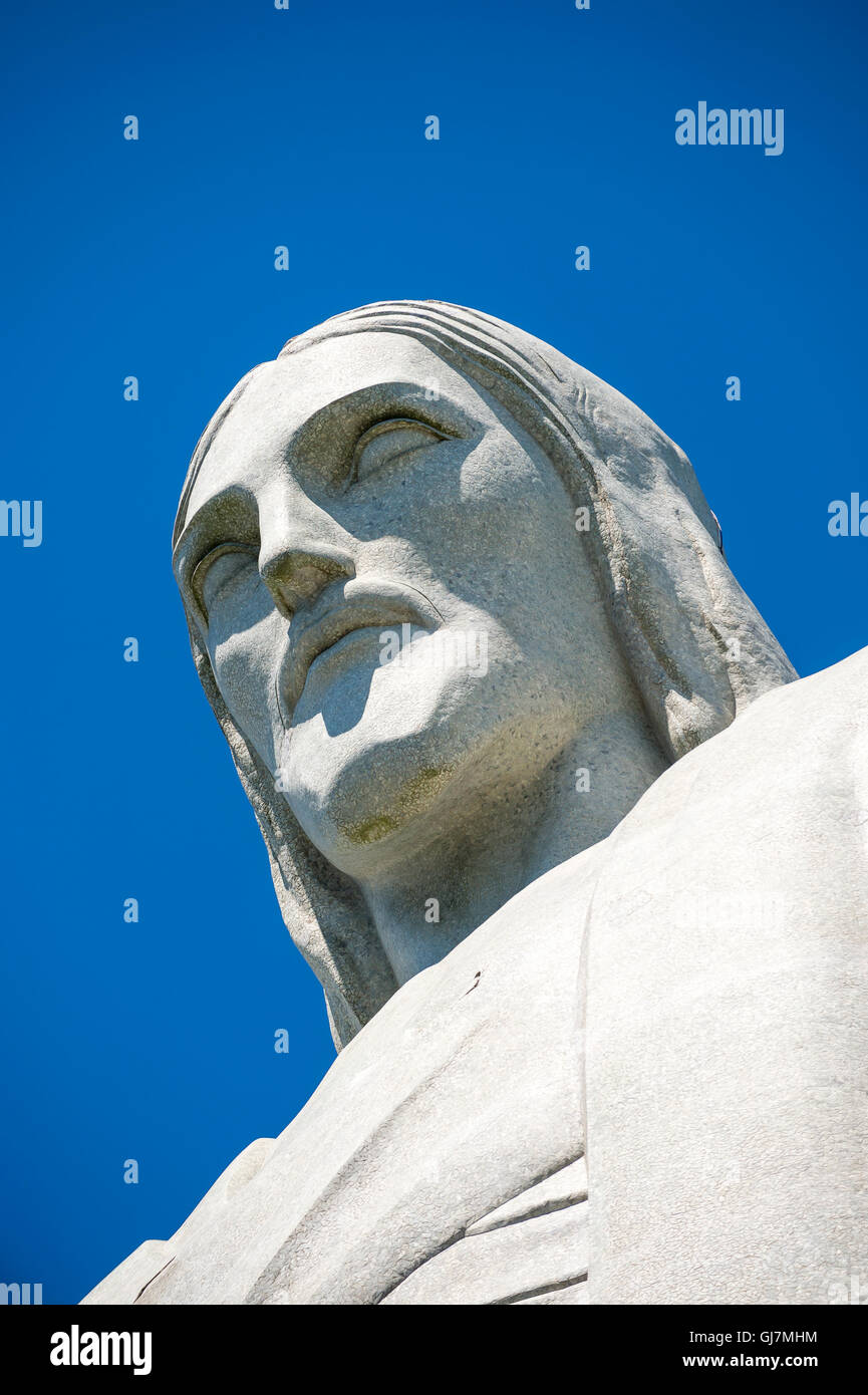 RIO DE JANEIRO - MARCH 21, 2016: The face of the statue of Christ the Redeemer, one of the most recognizable landmarks in Rio. Stock Photo