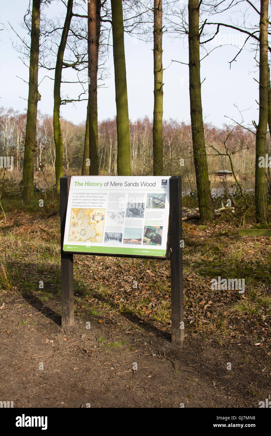 Information board at Mere Sands Wood nature reserve, Lancashire, in late winter. Stock Photo