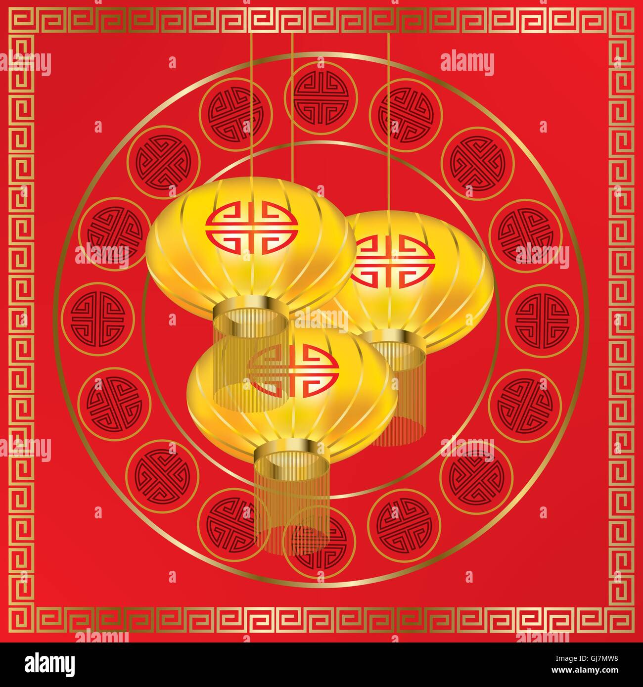 Yellow lanterns and golden pattern on red background Stock Photo - Alamy