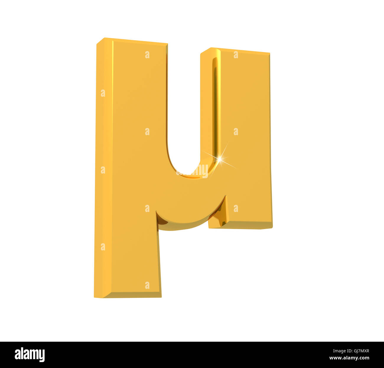 3D rendering of Micro Sign made of sparkling gold with reflection isolated on white background. Stock Photo