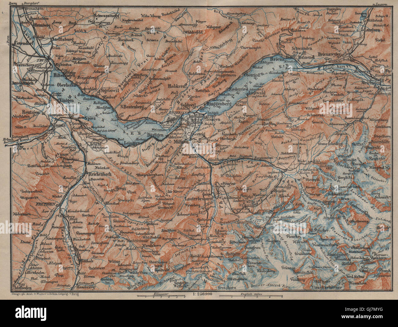 BERNESE OBERLAND. Wengen Mürren Grundelwald Reutigen Interlaken Eiger, 1920 map Stock Photo