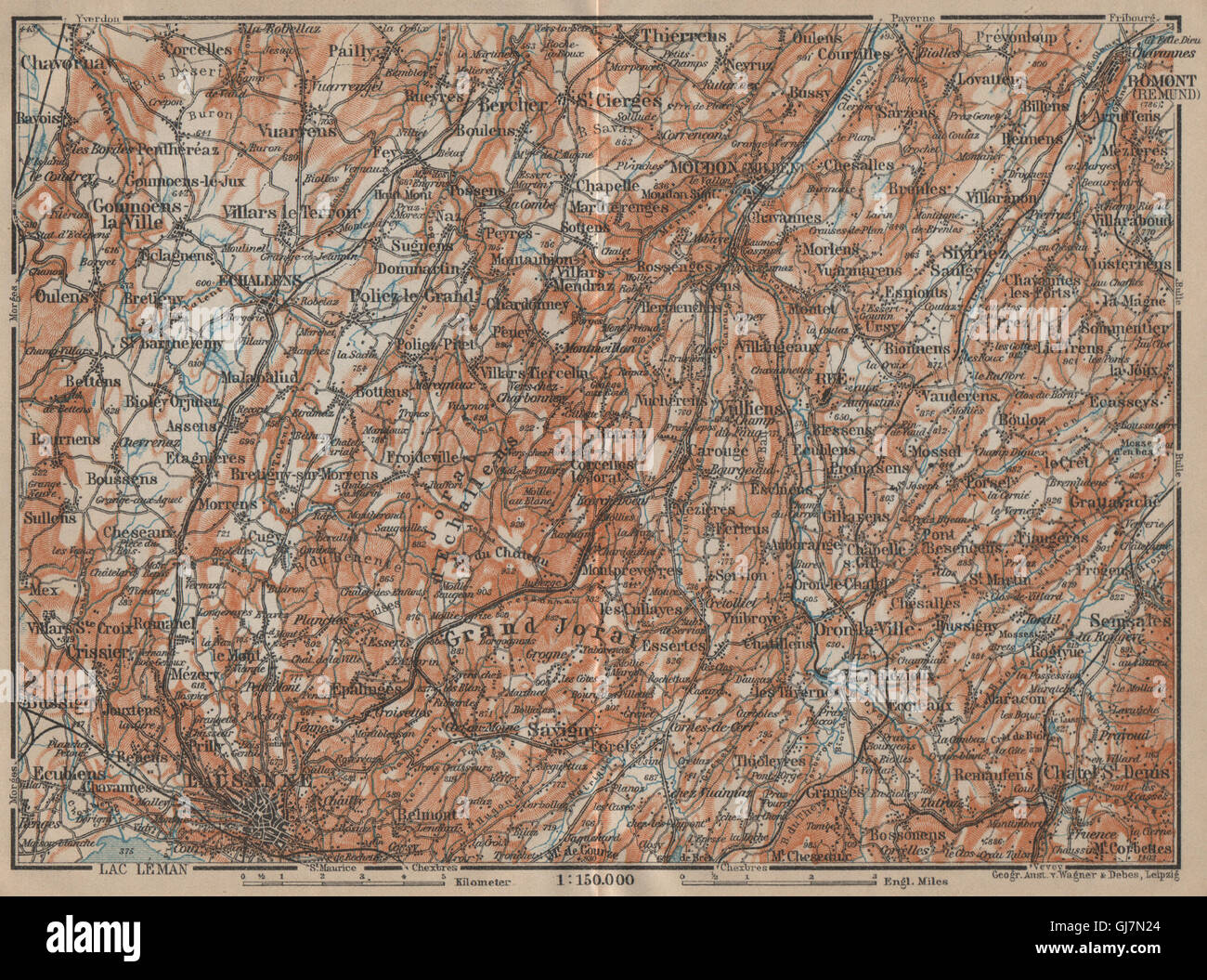 PAYS DE VAUD North. Lausanne Moudon Romont Jorat Moudon Echallens, 1920 map Stock Photo