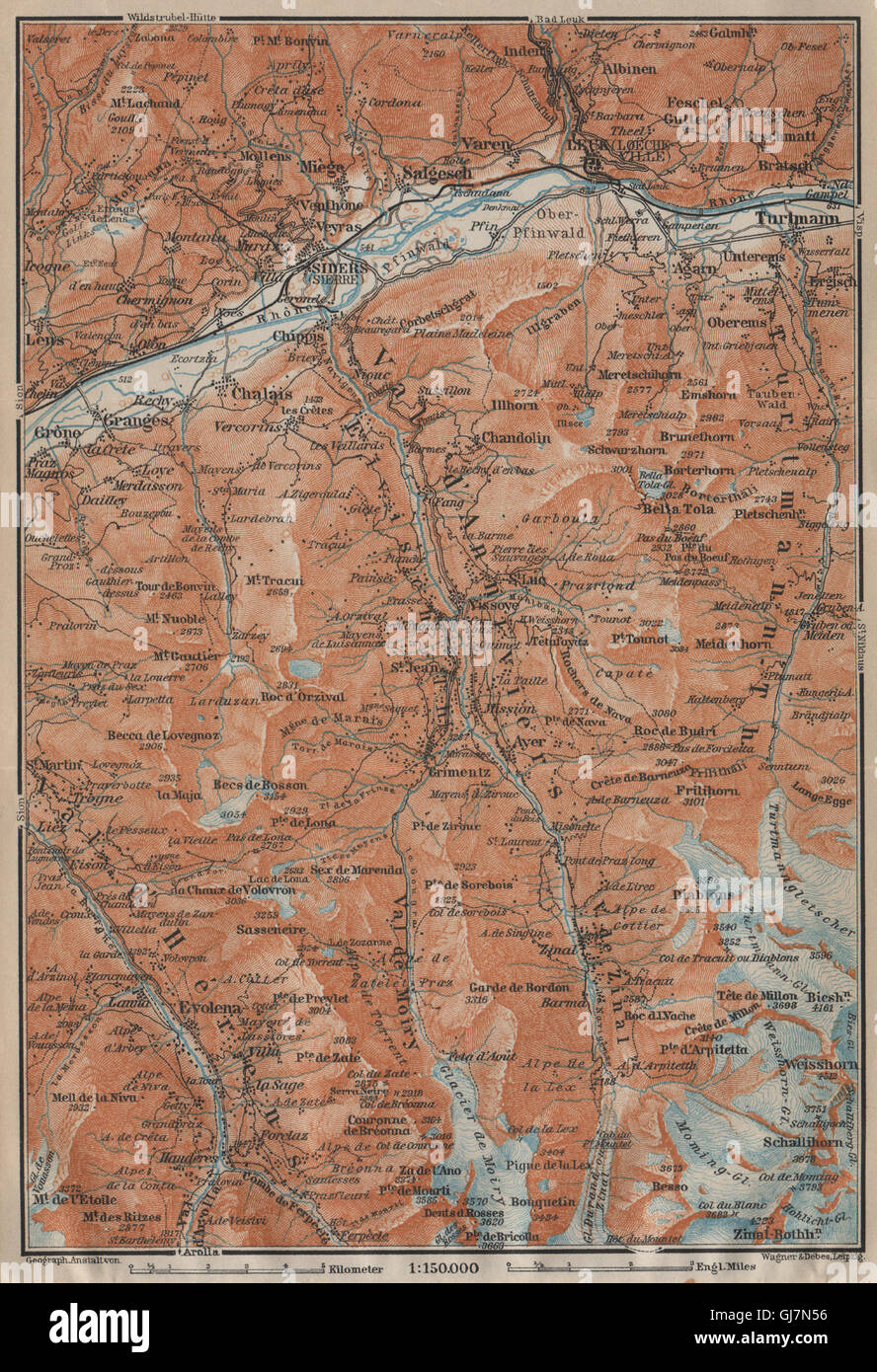 SIERRE & VAL D'ANNIVIERS. Crans-Montana Grimentz Leukle Weisshorn, 1920 map Stock Photo