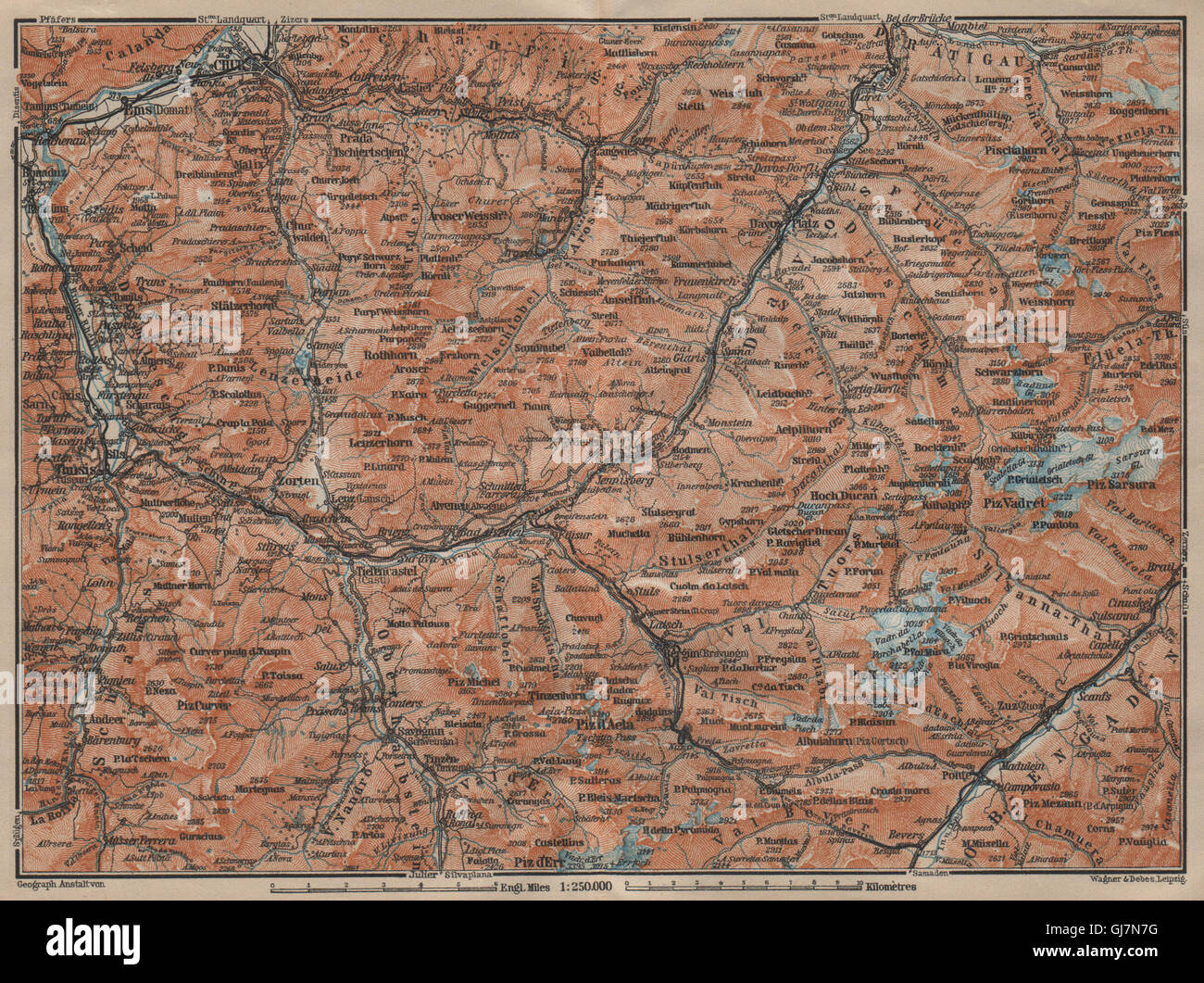 GRAUBÜNDEN/ALBULA ALPS. Chur-Samedan. Arosa Lenz Davos Savognin Thusis, 1920 map Stock Photo