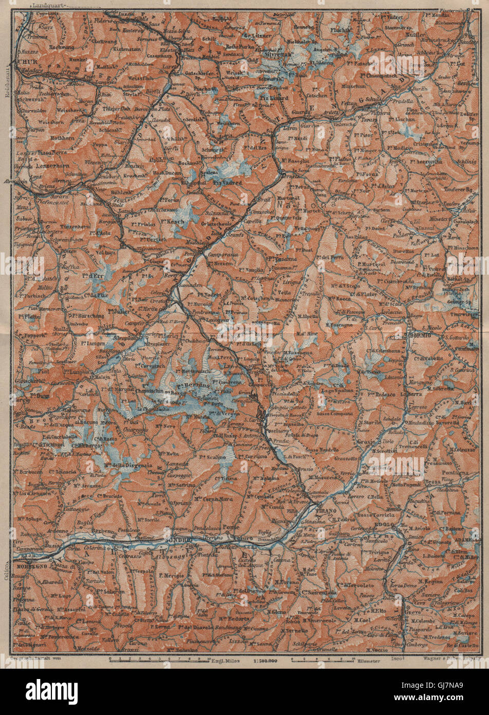 ENGADINE/VAL TELLINA. Davos Arosa Sils Bormio Livigno Sondrio Chur, 1920 map Stock Photo
