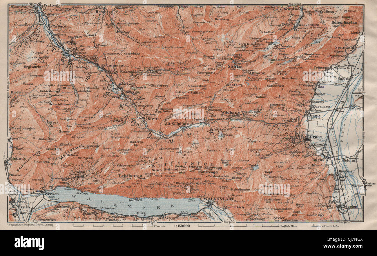 THUR VALLEY.Säntis Toggenburg Wildhaus Alt St Johann Unterwasser Grabs, 1922 map Stock Photo