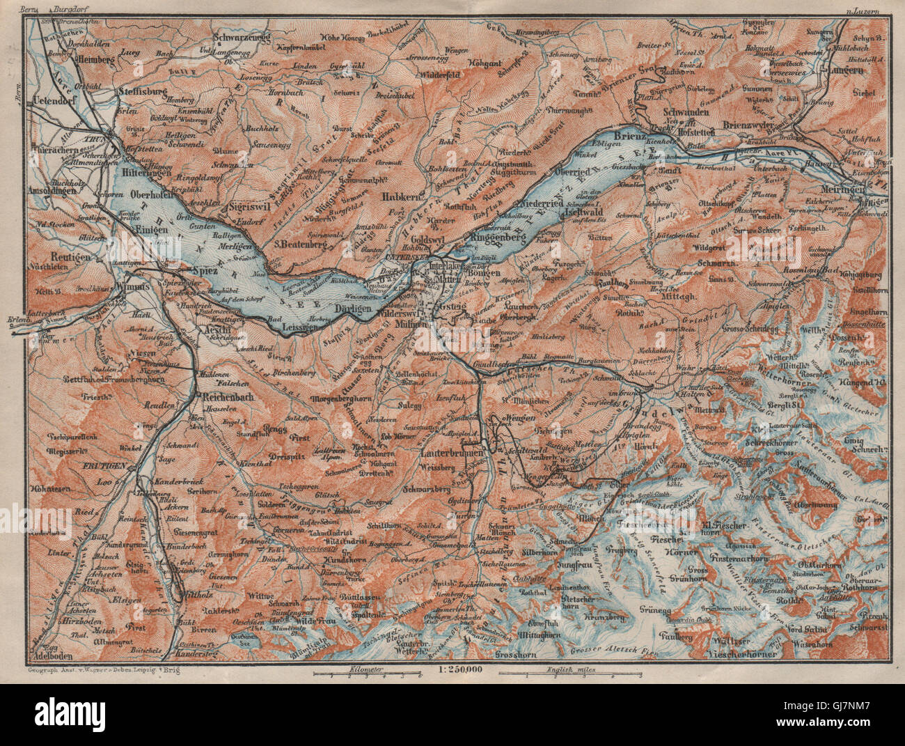 BERNESE OBERLAND. Wengen Mürren Grundelwald Reutigen Interlaken Eiger, 1922 map Stock Photo