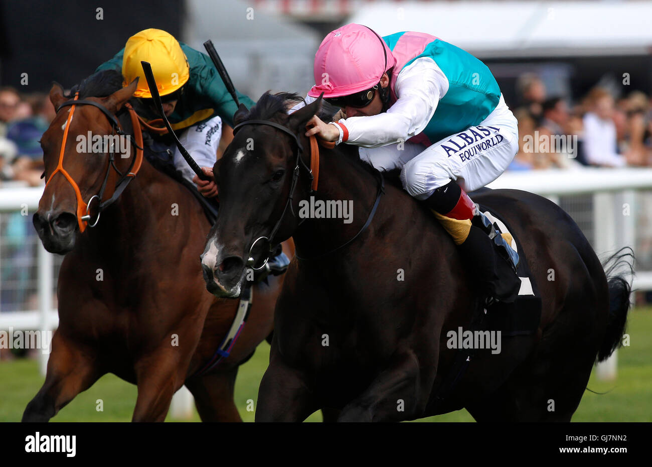 Partitia ridden by Pat Smullen (right) gets the better of Promising ridden by Sean Levy to win The Betfred 'Supports Jack Berry House' EBF Stallions Maiden Fillies' Stakes Race run during Betfred Ladies Day at Newbury Racecourse, Newbury. Stock Photo