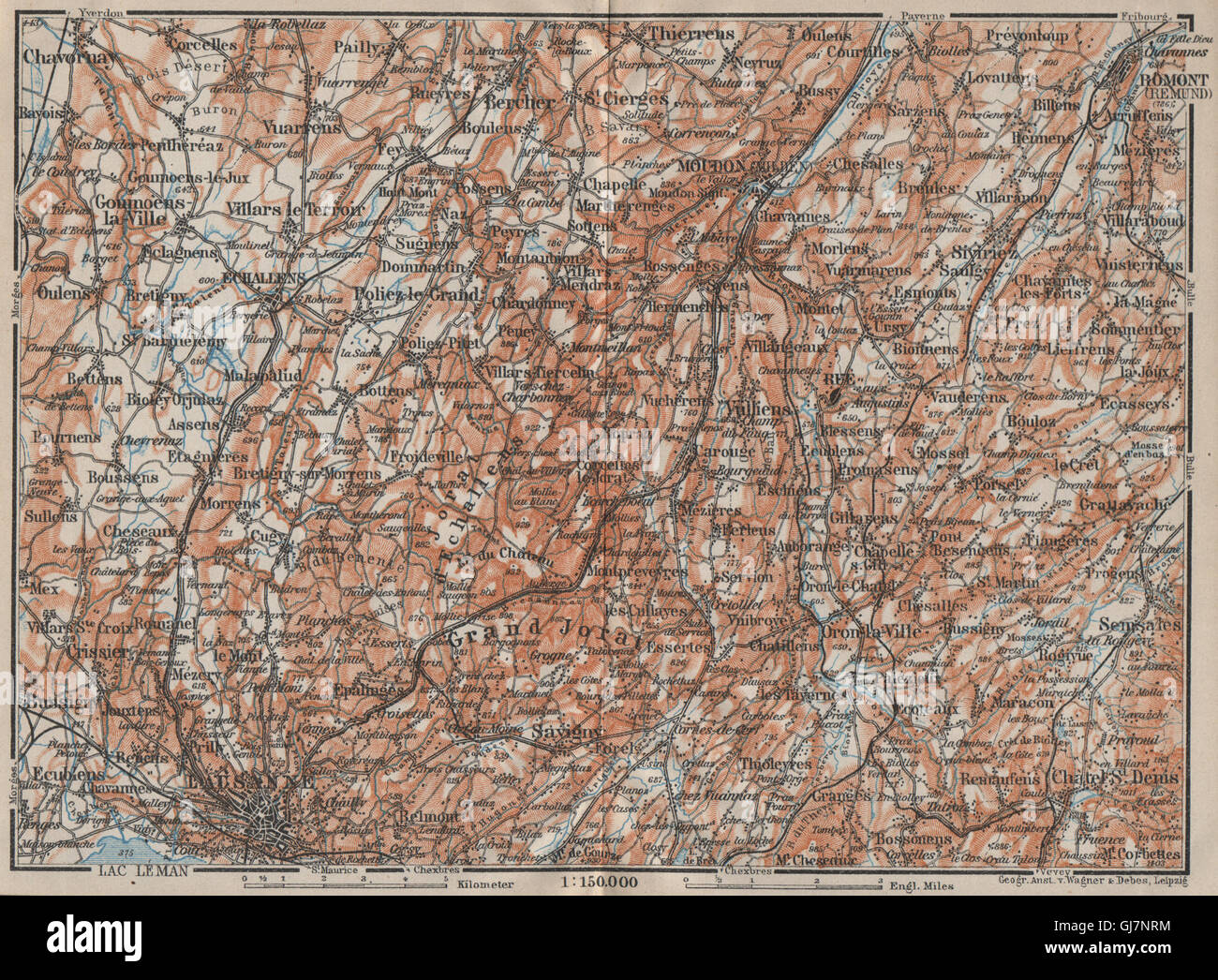 PAYS DE VAUD North. Lausanne Moudon Romont Jorat Moudon Echallens, 1922 map Stock Photo