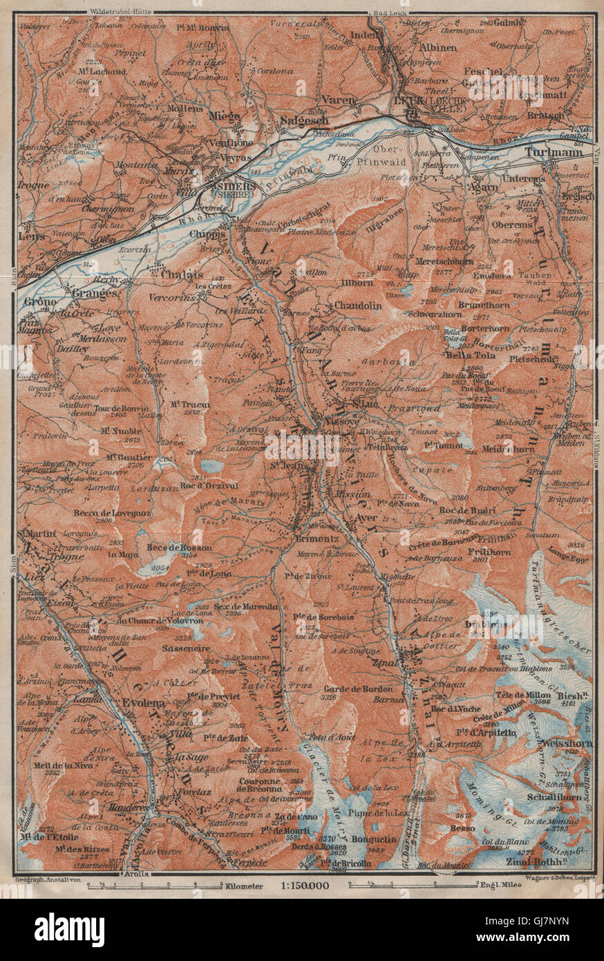 SIERRE & VAL D'ANNIVIERS. Crans-Montana Grimentz Leukle Weisshorn, 1922 map Stock Photo