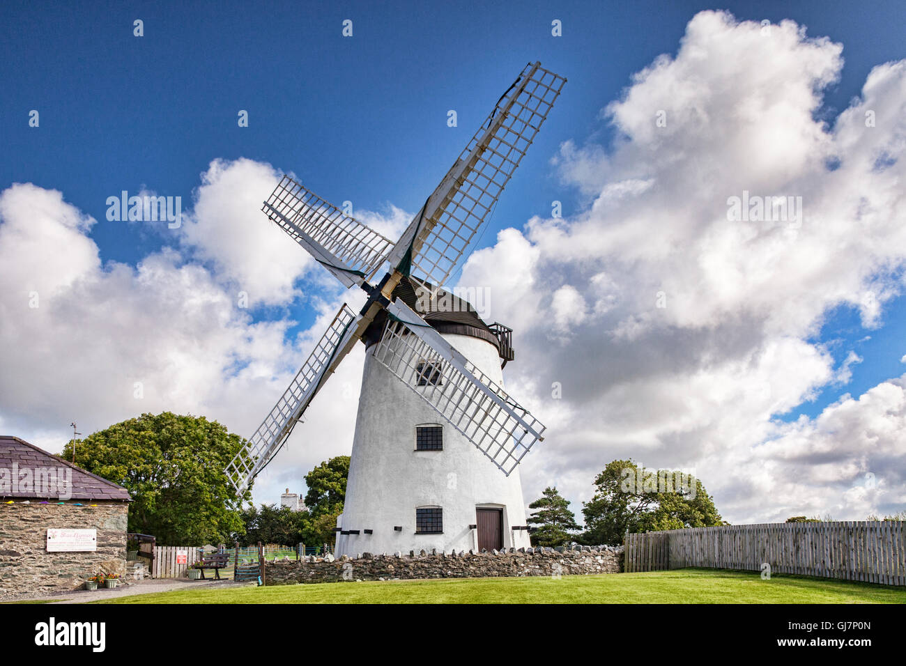 Melin Llynnon, a fully restored and operational windmill on Anglesey, Wales, UK, Cracks and discoloration removed. Stock Photo