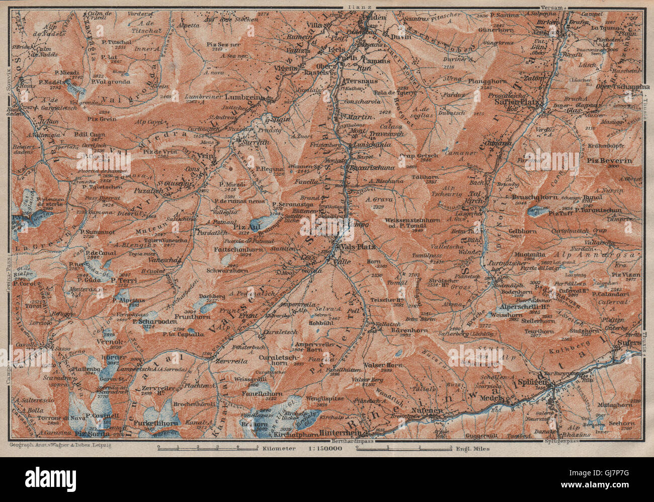 LUGNETZTAL SURSELVA. Valserrhein Furketlihorn Hinterrhein Splügen, 1922 map Stock Photo