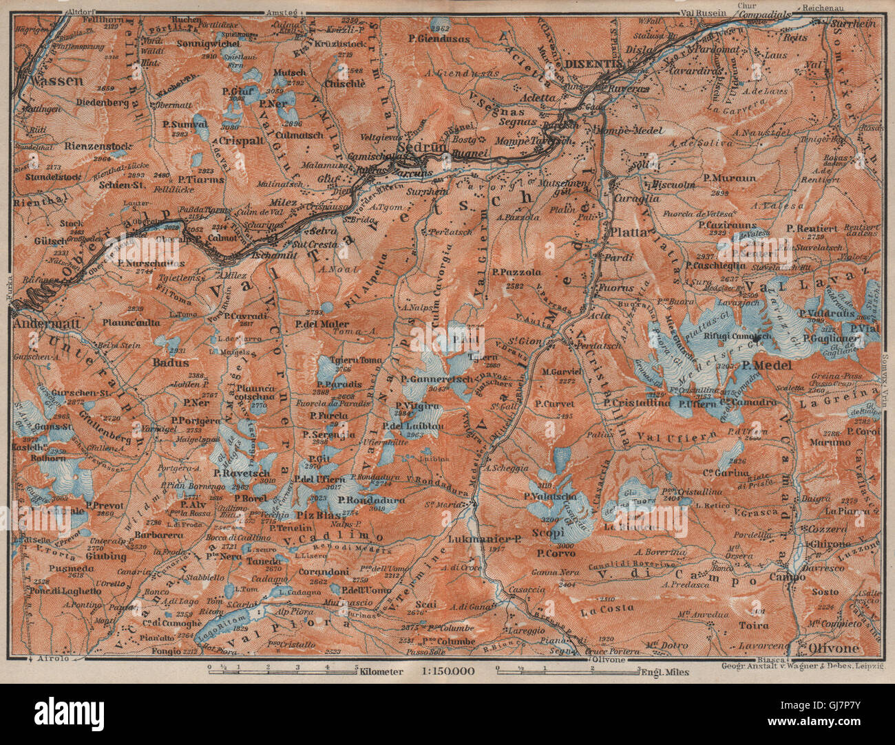 VAL TAVETSCH/MEDEL. Andermatt Disentis Sedrun Wassen Piz Medel. Topo-map 1922 Stock Photo